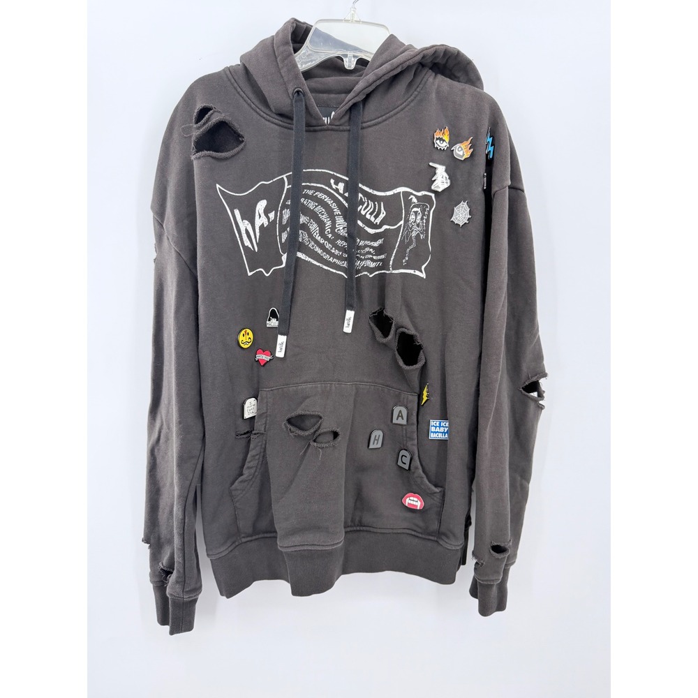 Haculla Hoodie Men Large Black Distressed Pin Graphic Streetwear Pullover